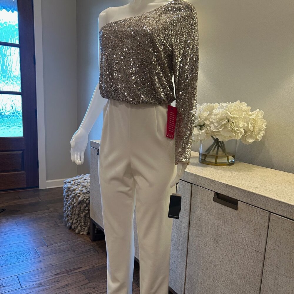 Adrianna Papell One-Shoulder Sequin Top White Jumpsuit